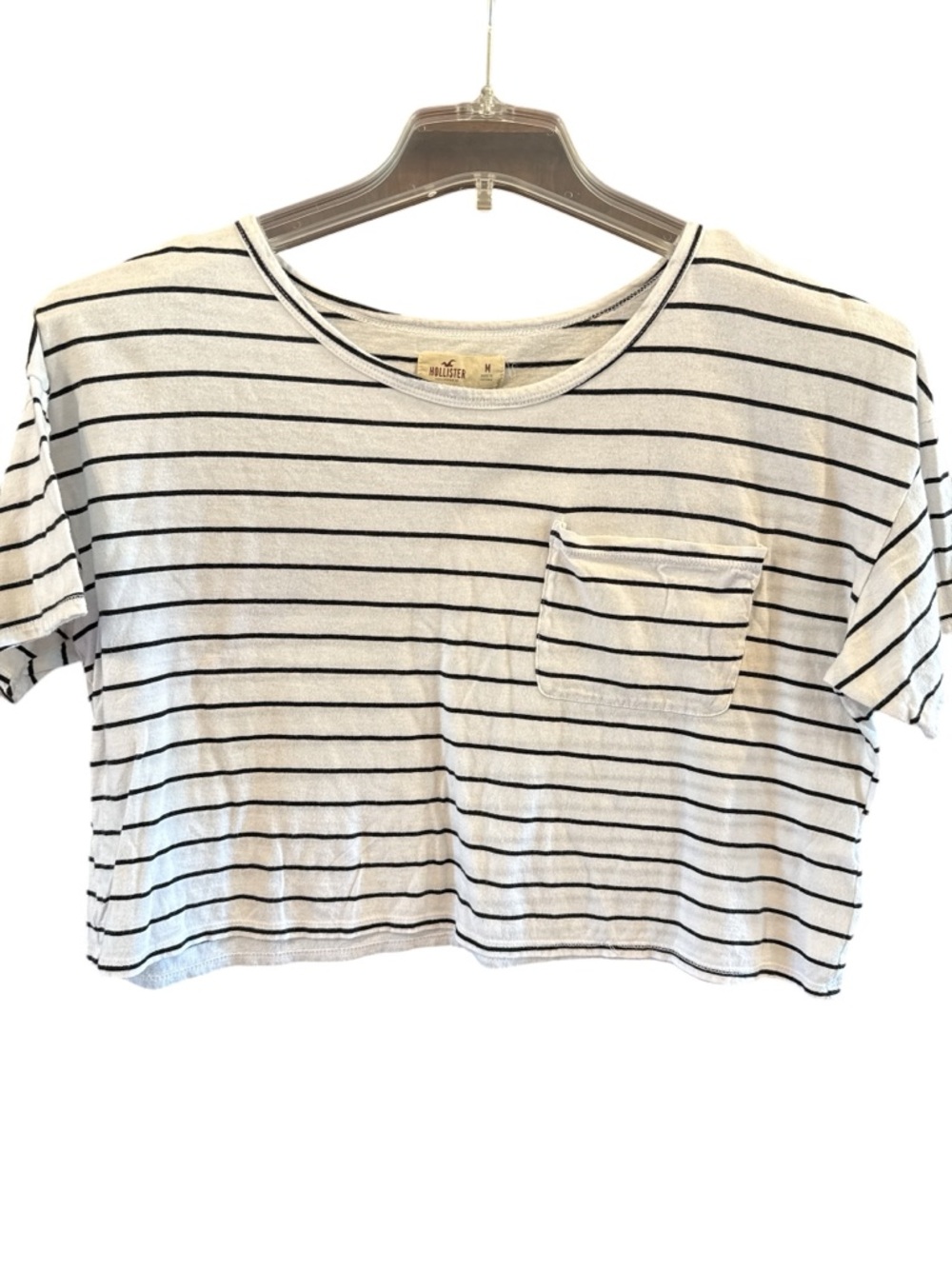 Hollister White Crop Tee with Black Stripes
